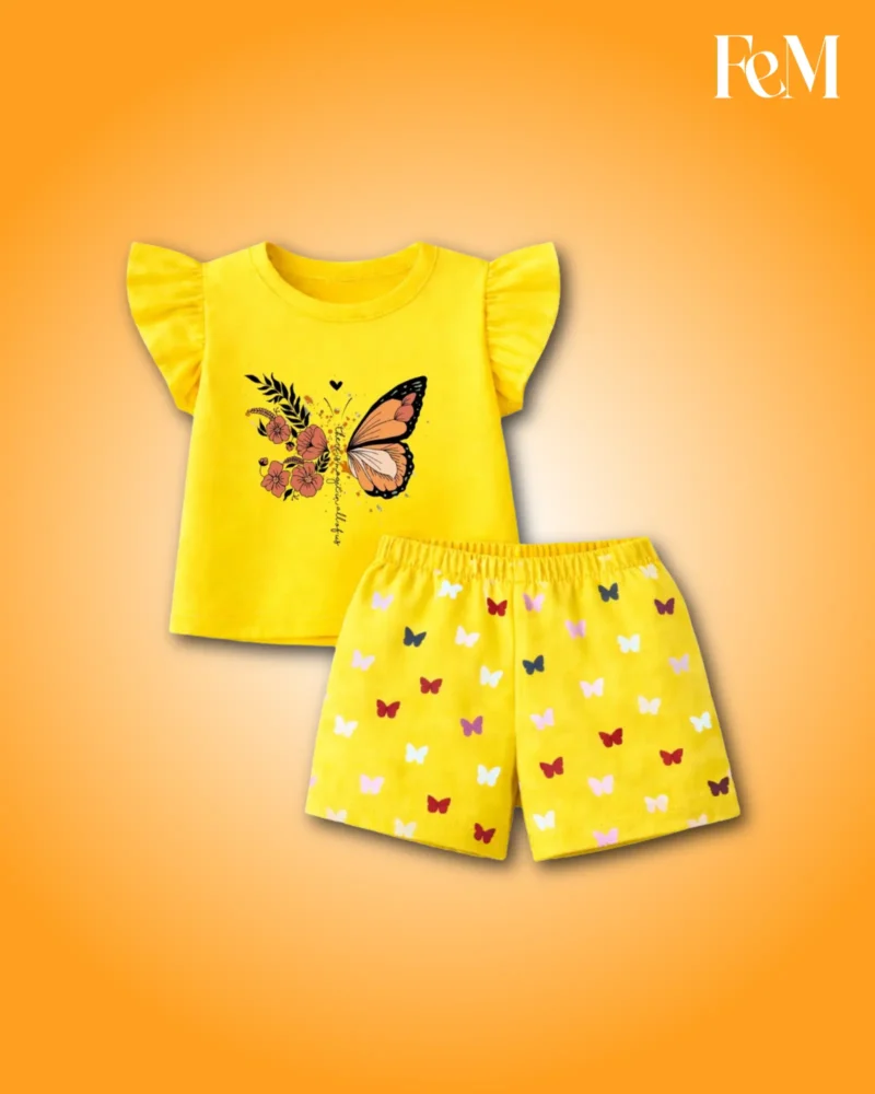 Bright Yellow Floral Butterfly Flutter Sleeve Top & Printed Shorts 2-Piece Set Bright Yellow Floral Butterfly Flutter Sleeve Top & Printed Shorts 2-Piece Set