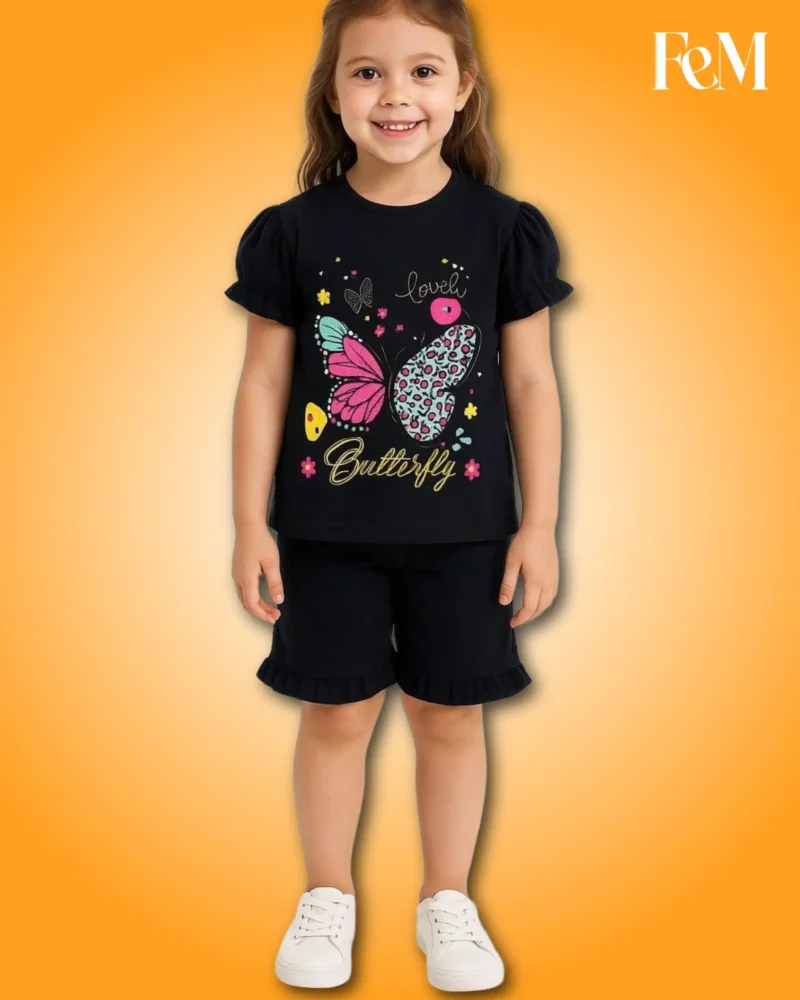 Cute Navy Black Puff Sleeve Butterfly Print Top & Ruffle Hem Shorts 2-Piece Set Cute Navy Black Puff Sleeve Butterfly Print Top & Ruffle Hem Shorts 2-Piece Set