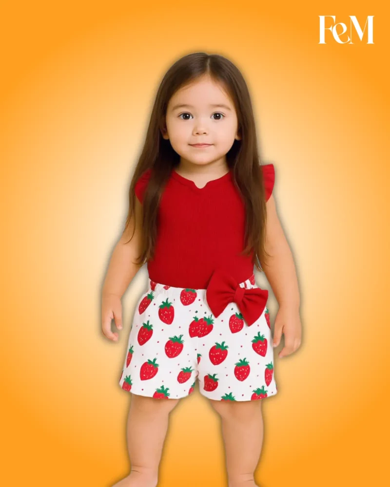Deep Red Ribbed Flutter Sleeve Top & Strawberry Bow Shorts 2-Piece Set Deep Red Ribbed Flutter Sleeve Top & Strawberry Bow Shorts 2-Piece Set