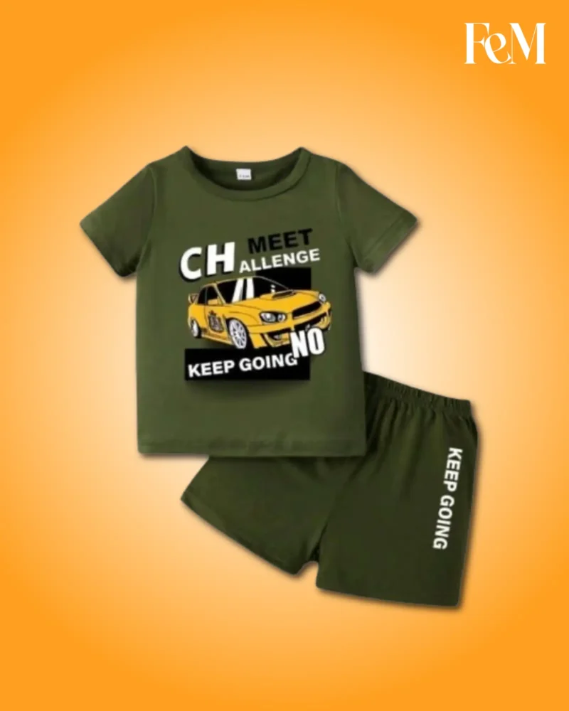 Premium Cotton Baby Boys Summer Olive Green _Meet Challenge_ Sports Car Graphic Top with Matching Shorts Outfit Set (3 Months - 6 Years) Premium Cotton Baby Boys Top with Matching Shorts Outfit Set (3 Months - 6 Years)