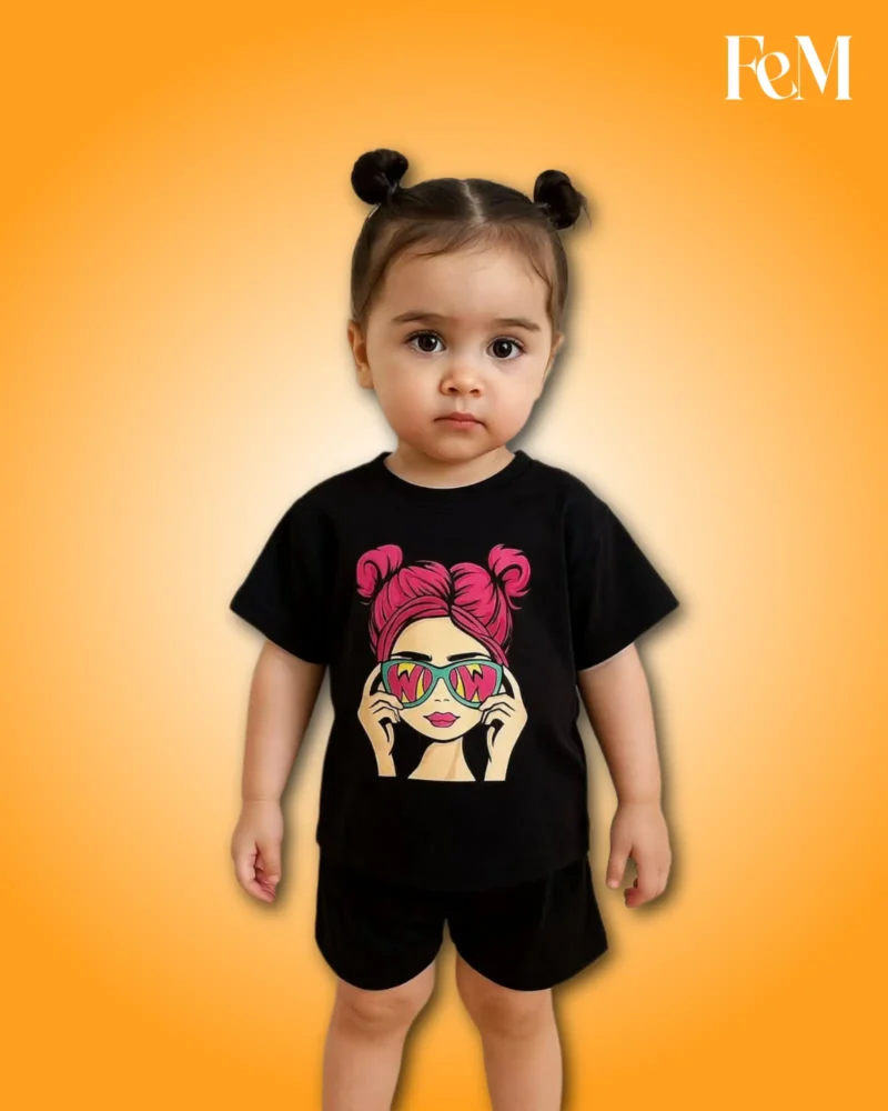 Premium Cotton Baby Girls Summer Black Cool Girl Sunglasses Graphic Top with Matching Black Shorts Outfit Set (3 Months - 6 Years) Premium Cotton Baby Girls Top with Matching Black Shorts Outfit Set (3 Months - 6 Years)