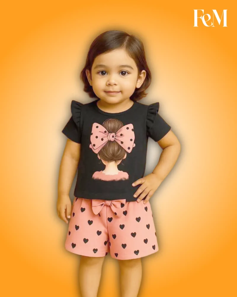 Premium Cotton Baby Girls Top with Peach Heart Printed Bow Shorts Outfit Set (3 Months - 6 Years)