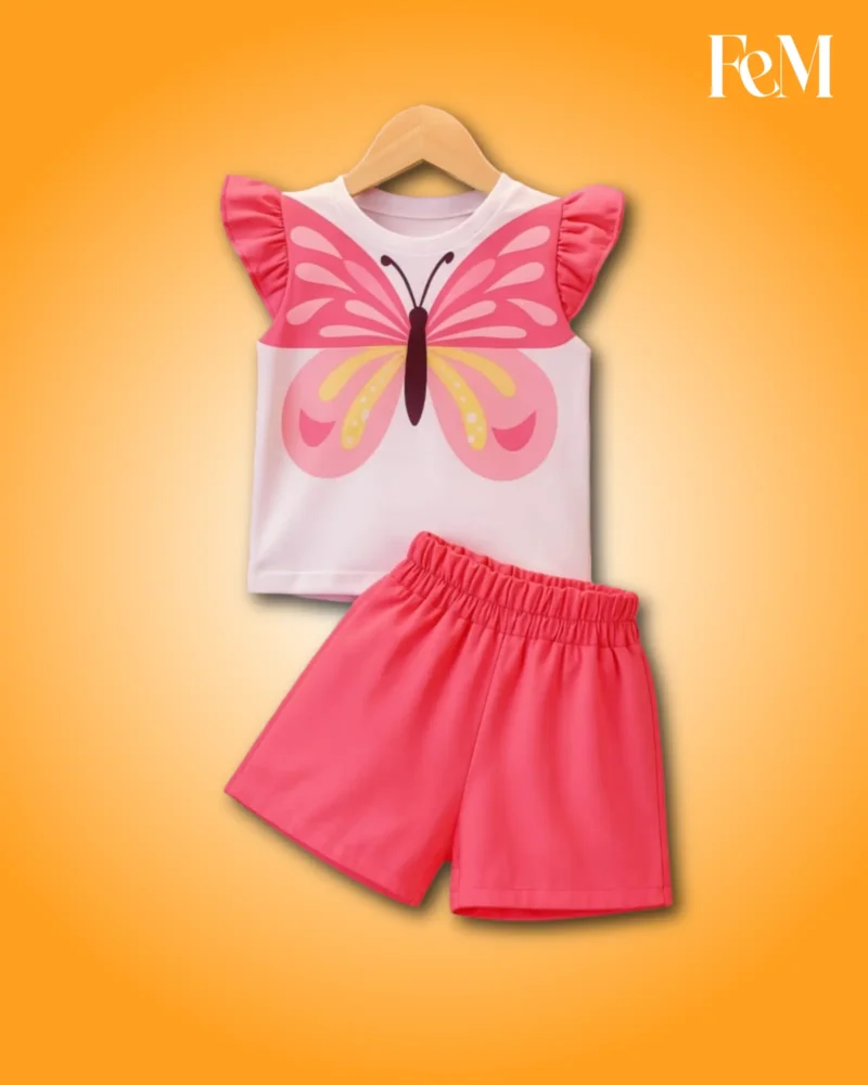Premium Cotton Baby Girls Summer Pink Butterfly Wings Graphic Top and Shorts Outfit Set (3 Months - 6 Years) Premium Cotton Baby Girls Summer Pink Butterfly Wings Graphic Top and Shorts Outfit Set (3 Months - 6 Years)