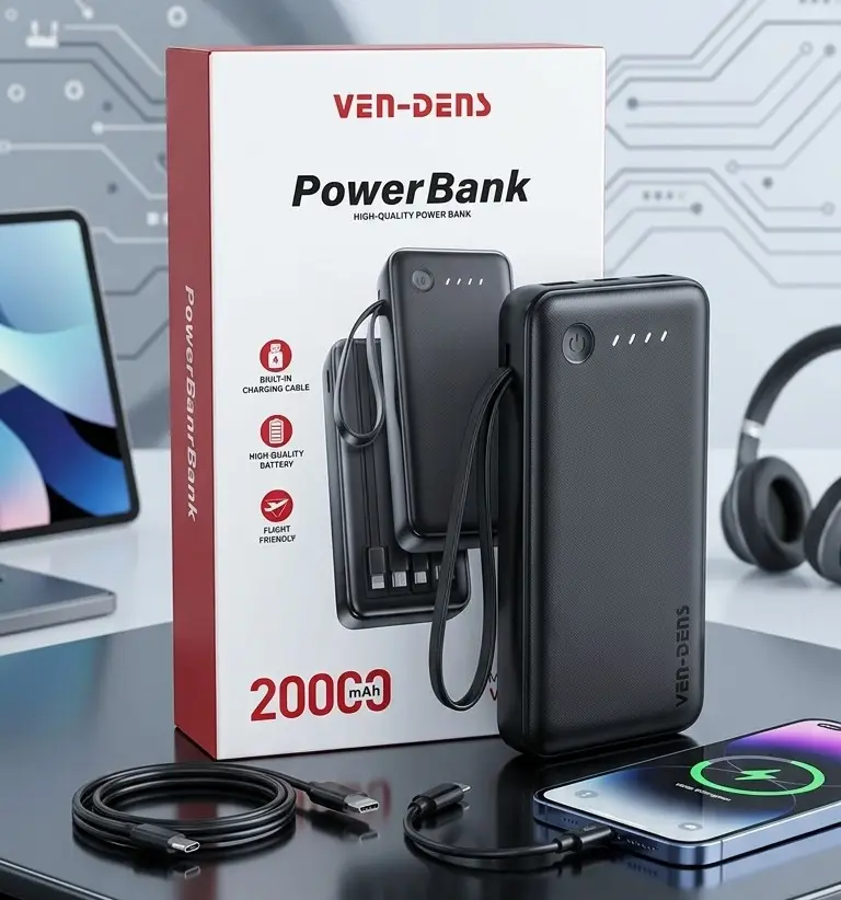 Ven-Dens VD-PB059 20000mAh Power Bank with Built-in Cables & LED Battery Display