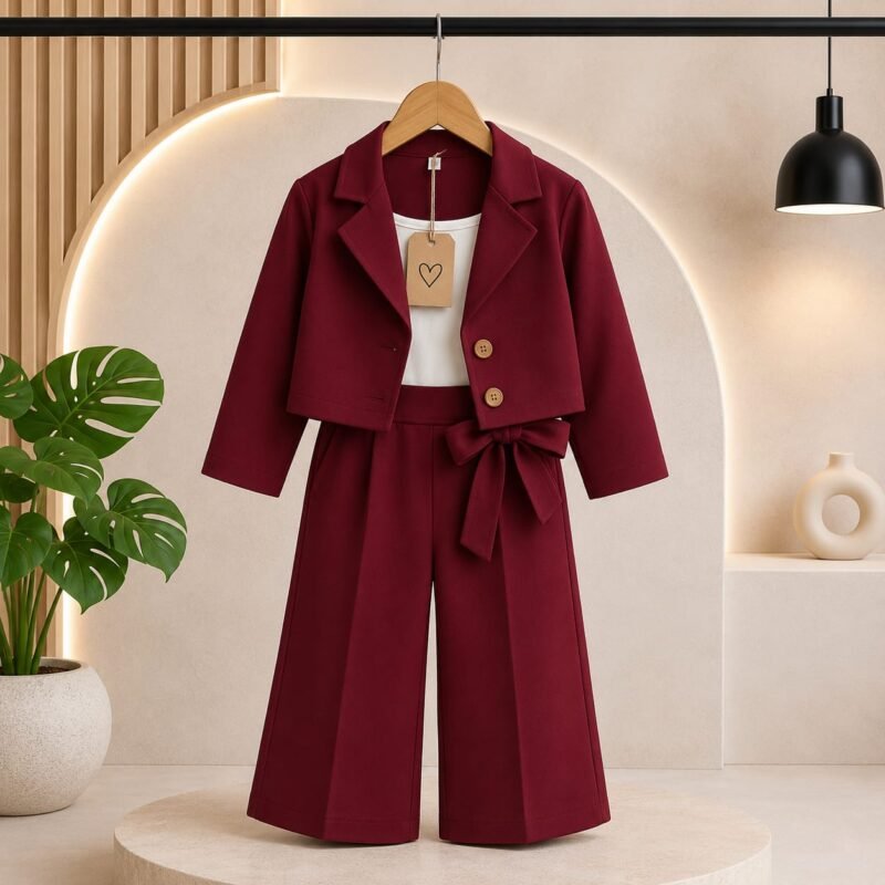 Girls’ Maroon Crop Blazer 3-Piece Formal Set