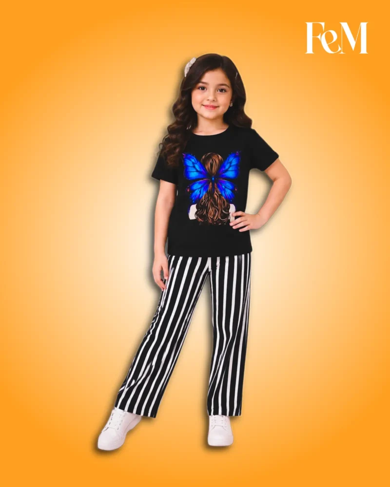 Black Girl-with-Blue-Butterfly Wings T-Shirt & Vertical Striped Pants 2-Piece Set Girls Black Butterfly Graphic T-Shirt & Striped Pants 2-Piece Set