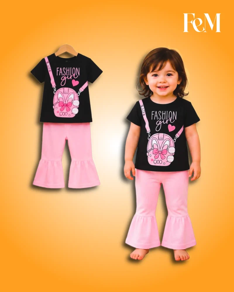 Black short-sleeve t-shirt featuring Fashion Girl script, a heart graphic, and a printed 3D-style pink bunny bag with a shoulder strap. Girls Black Fashion Girl T-Shirt & Pink Bell-Bottom Pants 2-Piece Set