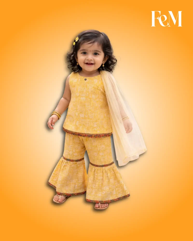 Bright Yellow Printed Kurti, Sharara Pants & Cream Dupatta 3-Piece Festive Girls’ Yellow Printed Kurti & Sharara 3-Piece Set