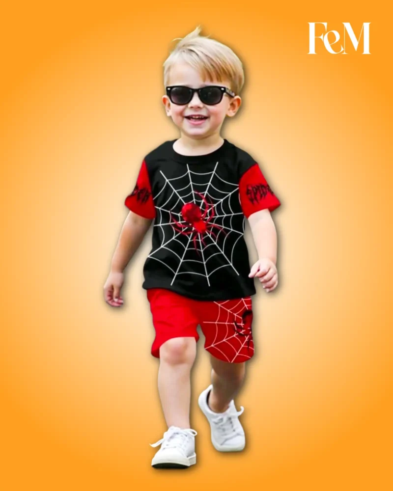 Cool Black & Red Spider Web Print T-Shirt with Matching Shorts 2-Piece Set Kids’ Spider Web 2-Piece T-Shirt & Shorts Set