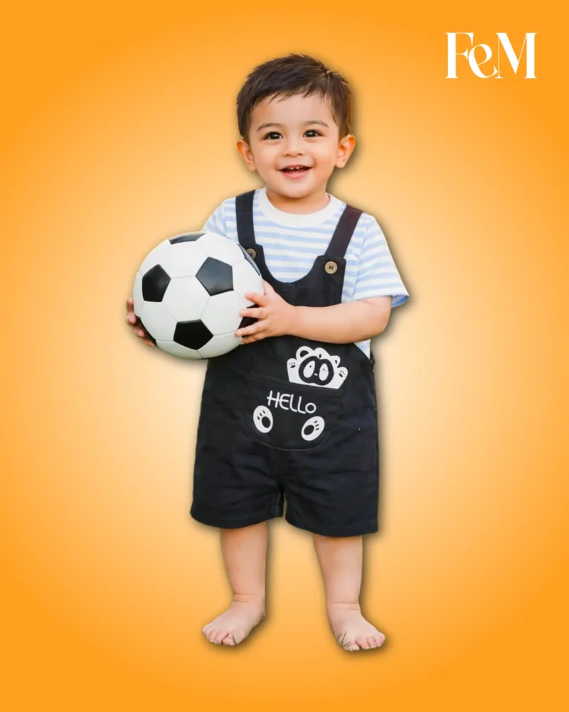 Cute Baby Boys Cartoon Pocket Dungaree Set - Striped T-Shirt & Overalls Baby Boys Striped T-Shirt & Black Cartoon Pocket Dungaree 2-Piece Set