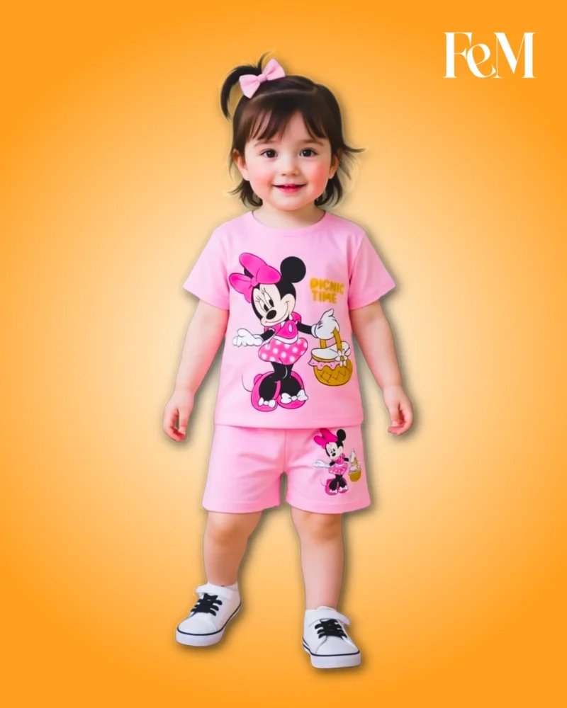 Cute Pink Minnie Mouse PICNIC TIME Printed T-Shirt & Shorts 2-Piece Set Girls Pink Minnie Mouse “PICNIC TIME” T-Shirt & Shorts 2-Piece Set