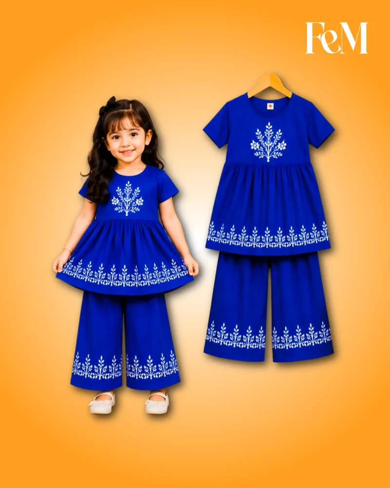 Girls Royal Blue Floral Embroidered Kurti with Wide-Leg Palazzo Pants Set Girls Royal Blue Floral Embroidered Kurti with Wide-Leg Palazzo Pants Set