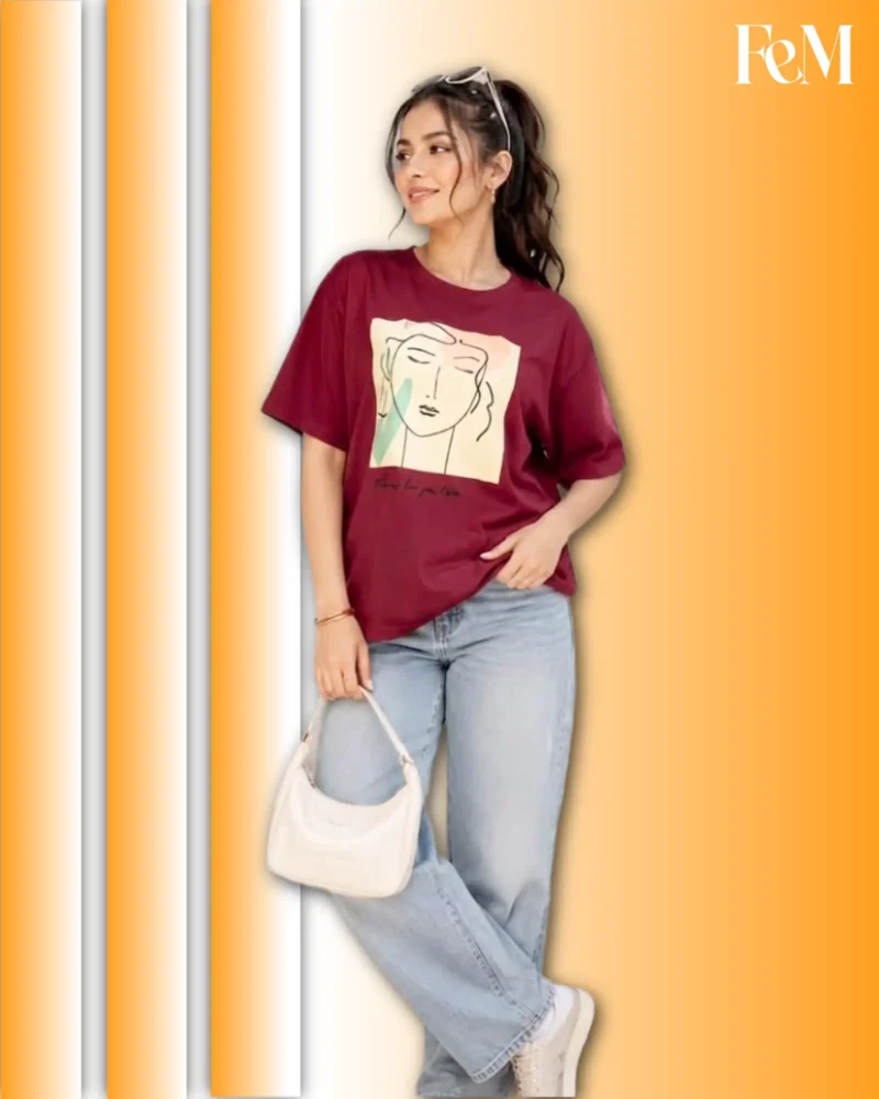 Women’s Maroon Cotton Line Art T-Shirt