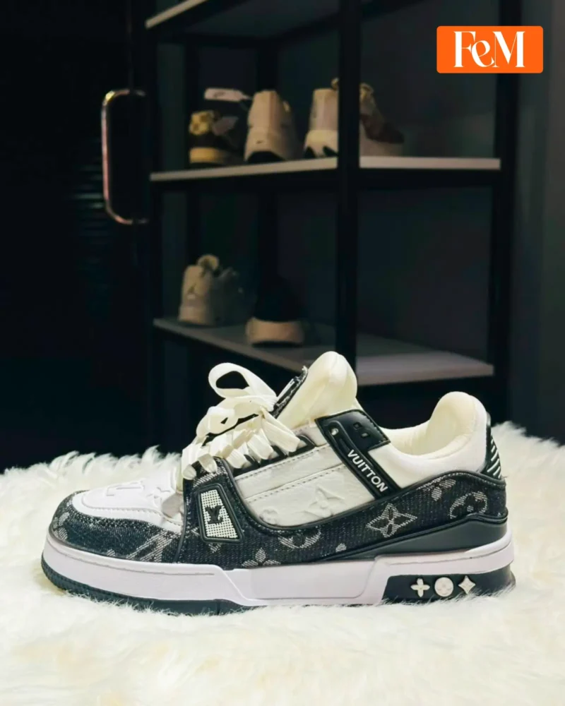 Louis Vuitton LV Trainer Denim Premium Luxury Sneakers - Black Monogram & White Louis Vuitton LV Trainer Denim Luxury Sneakers Black Monogram & White