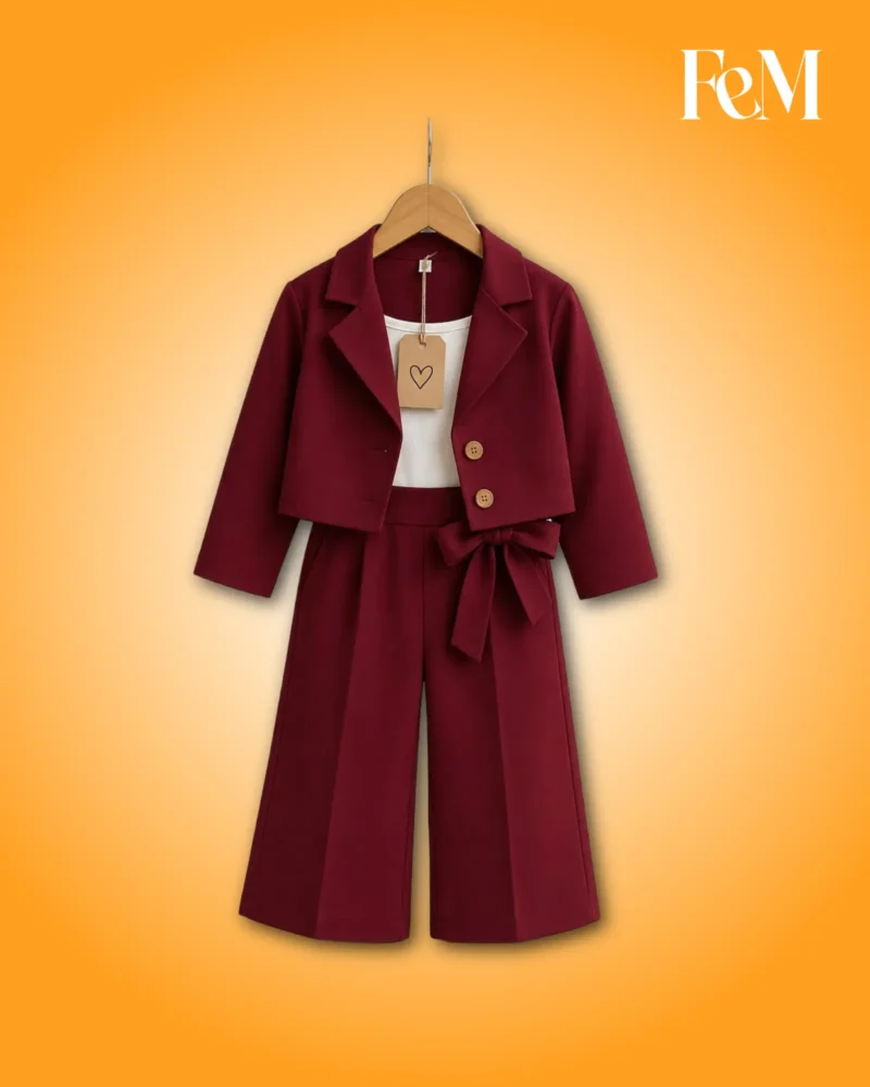 Maroon Crop Blazer, Inner Top & Bow Trousers 3-Piece Formal Suit Girls’ Maroon Crop Blazer 3-Piece Formal Set