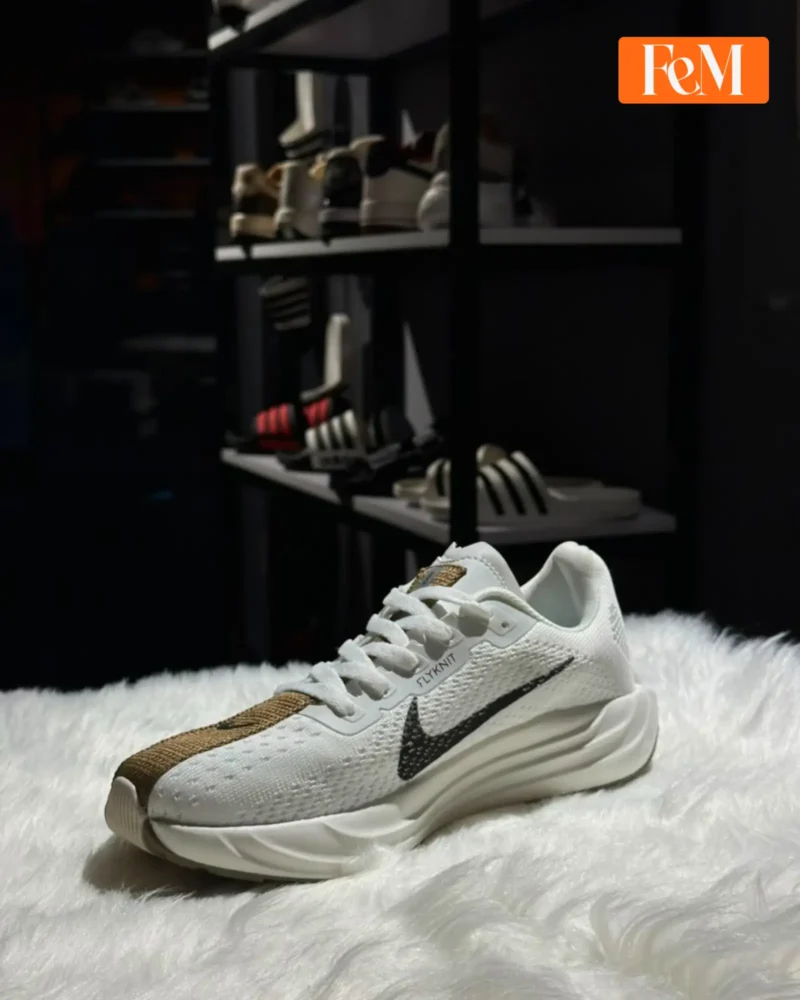 Nike Pegasus Plus Flyknit Performance Running Shoes - White & Light Khaki Brown Nike Pegasus Plus Fly knit Performance Running Shoes