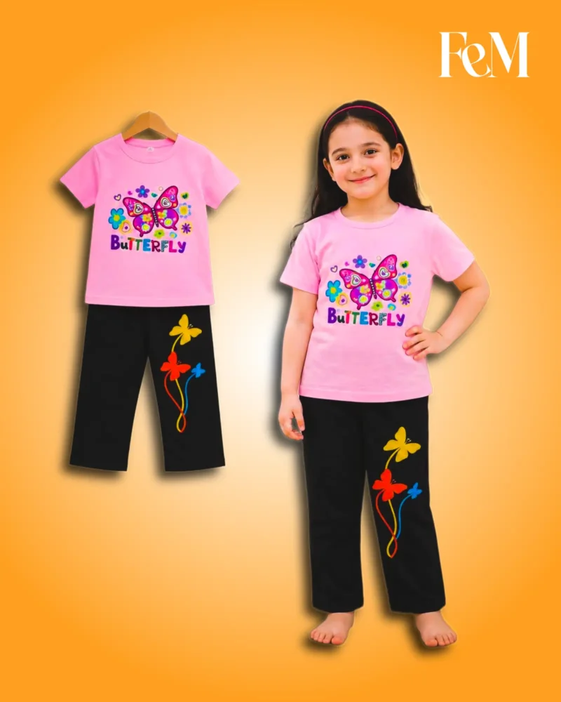 Pink Butterfly T-Shirt & Black Printed Pants 2-Piece Set Girls Pink Butterfly T-Shirt & Black Printed Pants 2-Piece Set