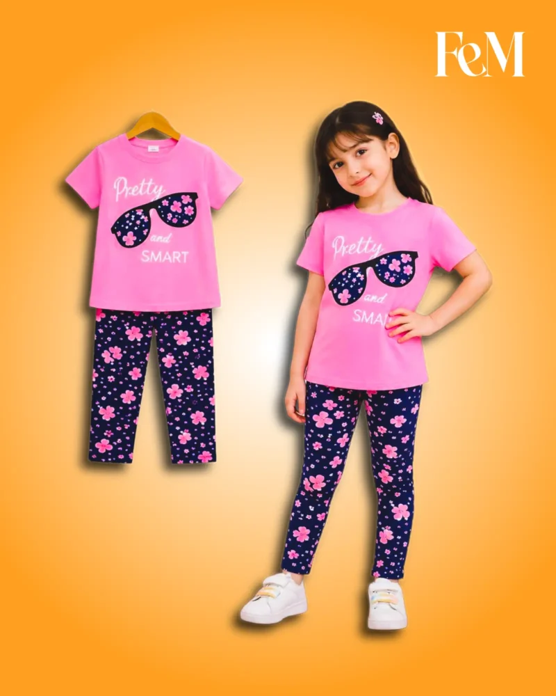 Premium Cotton Blend Kids Pink Short Sleeve T-Shirt with Pretty and SMART Sunglasses Graphic Print and Navy Pink Floral Leggings 2-Piece Outfit Set (1 Year - 12 Years) Girls Pink “Pretty and SMART” T-Shirt & Floral Navy Leggings 2-Piece Set