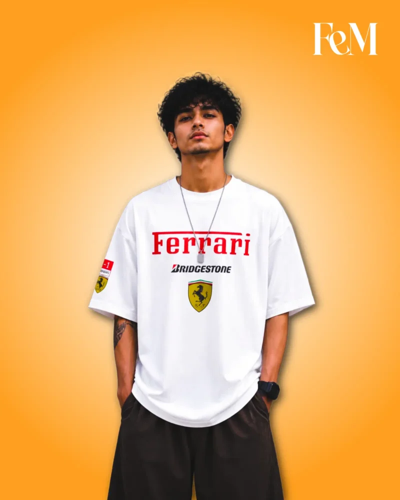 Premium Cotton Drop Shoulder Tshirt white ferrari Premium Cotton Drop Shoulder White Ferrai T-Shirt
