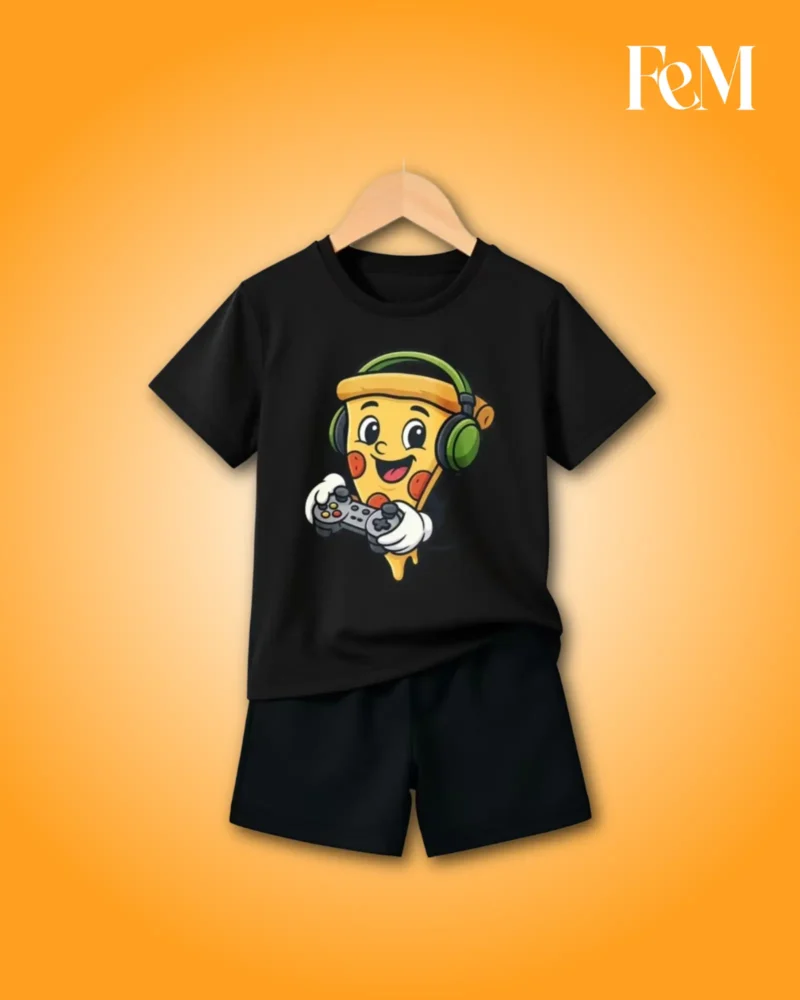 Premium Cotton Kids Summer Black Funny Gamer Pizza Slice Printed Short Sleeve Top with Matching Solid Black Shorts Outfit Set (3 Months - 6 Years) Kids’ Gamer Pizza 2-Piece Cotton T-Shirt & Shorts Set