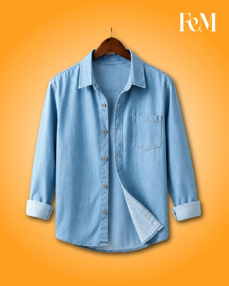 Premium Denim Single Pocket Long Sleeve Shirt for Men 1 Men’s Premium Light Blue Denim Single Pocket Long Sleeve Shirt