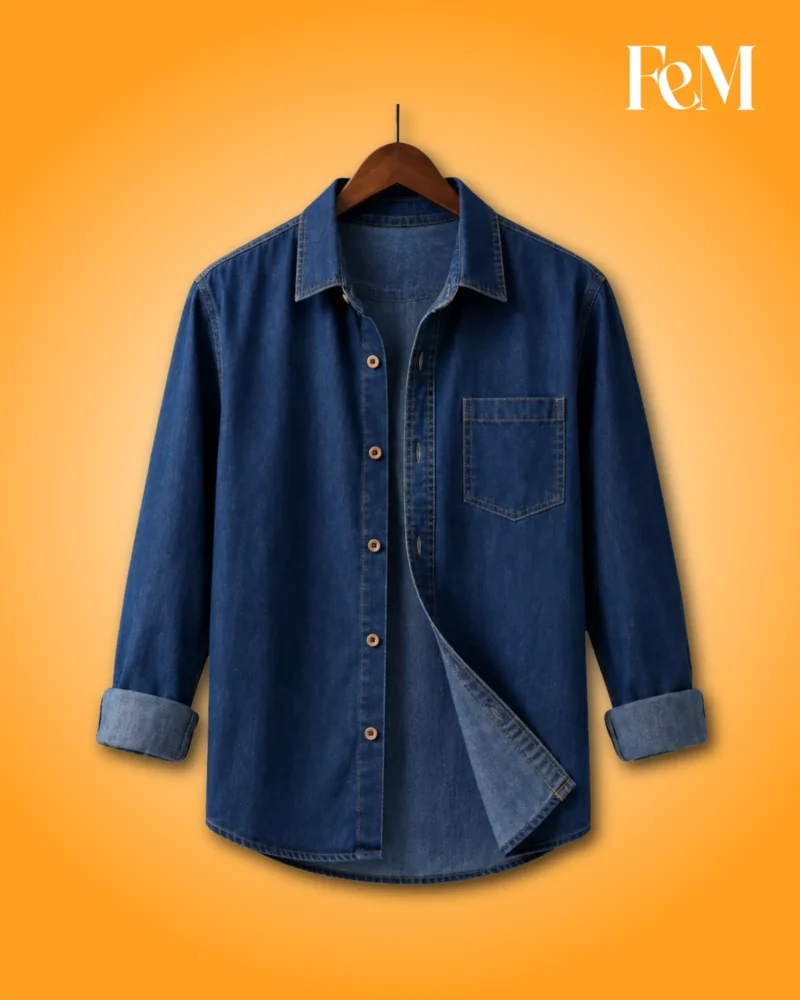 Premium Denim Single Pocket Long Sleeve Shirt for Men 2 Men’s Premium Blue Denim Single Pocket Long Sleeve Shirt