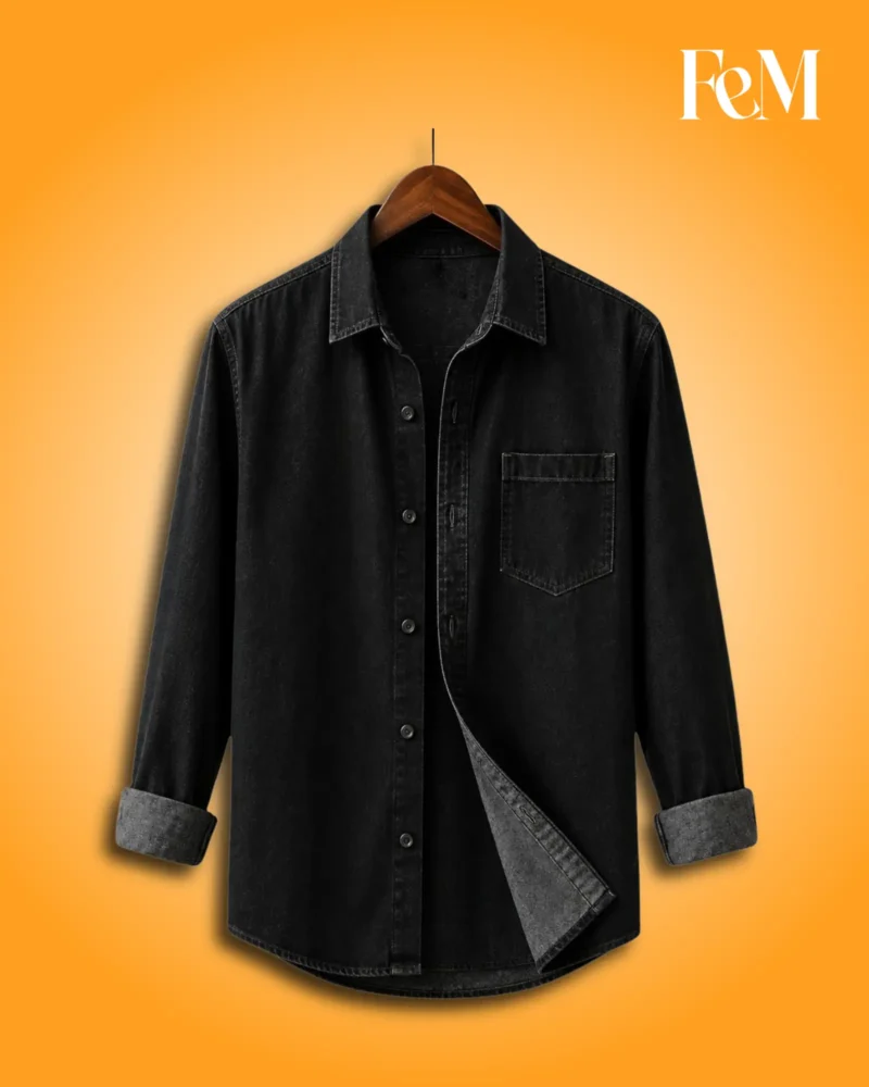 Premium Denim Single Pocket Long Sleeve Shirt for Men 3 Men’s Premium Black Denim Single Pocket Long Sleeve Shirt