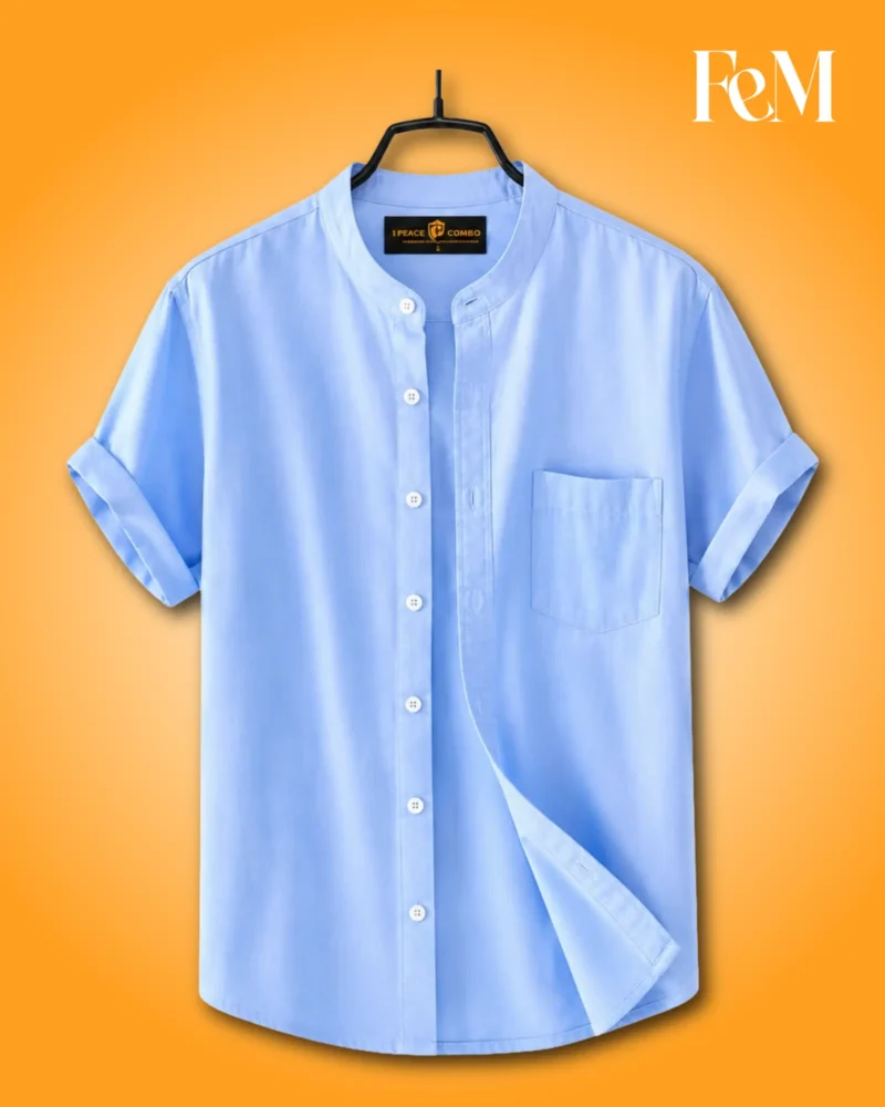 Premium Sky Band Collar Half Sleeve Shirt Premium Sky Band Collar Half Sleeve Shirt – 100% Cotton