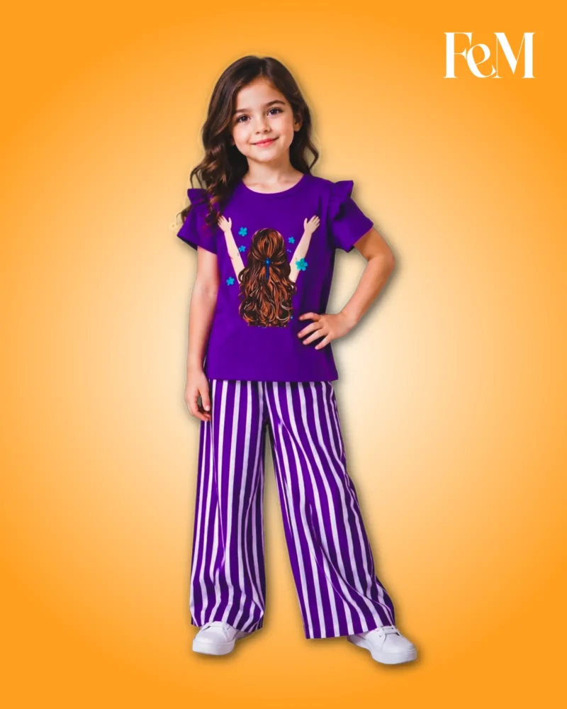 Purple Girl Art Ruffle Sleeve Top & Striped Wide-Leg Pants 2-Piece Outfit Set Purple Girl Art Ruffle Sleeve Top & Striped Wide-Leg Pants Set for Girls