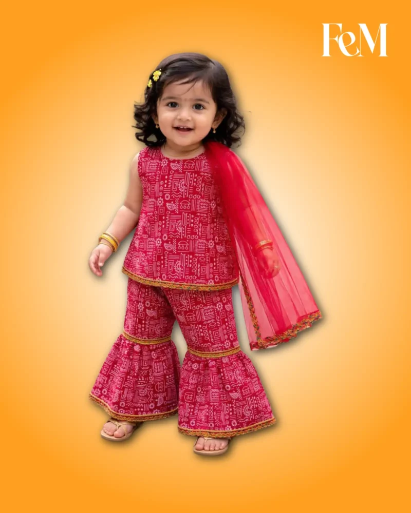 Red Printed Kurti, Sharara Pants & Dupatta 3-Piece Festive Set Girls’ Red Printed Kurti & Sharara 3-Piece Set