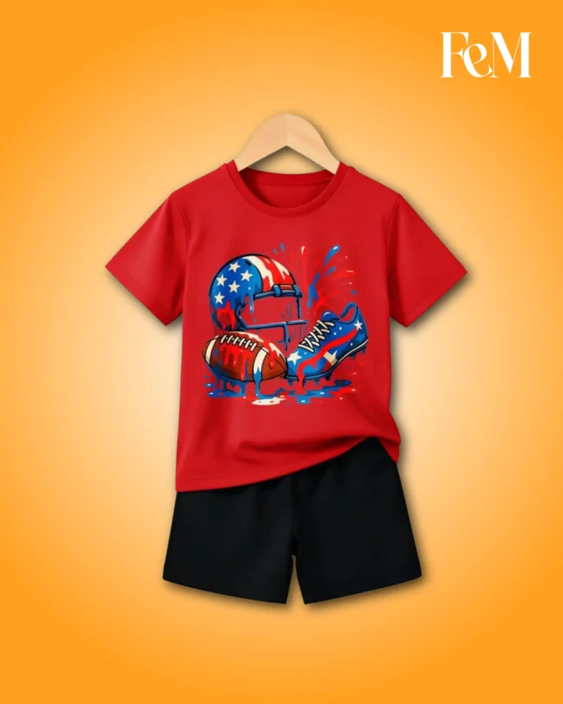 Vibrant Red American Football Graphic T-Shirt & Black Shorts 2-Piece Set Boys’ Red Football Graphic T-Shirt & Shorts Set