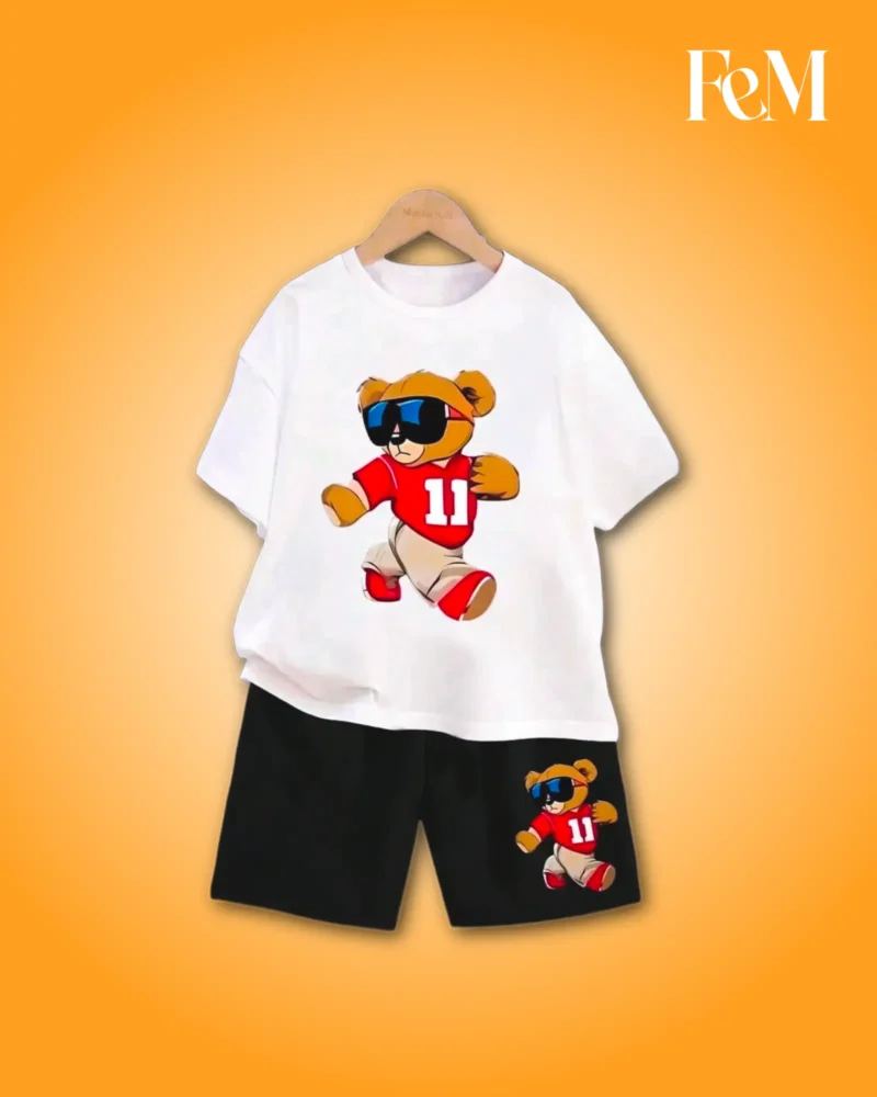 White Cool Teddy Bear 11 Jersey Graphic T-Shirt & Black Shorts 2-Piece Set White Cool Teddy Bear “11” Jersey Graphic T-Shirt & Black Shorts for Kids