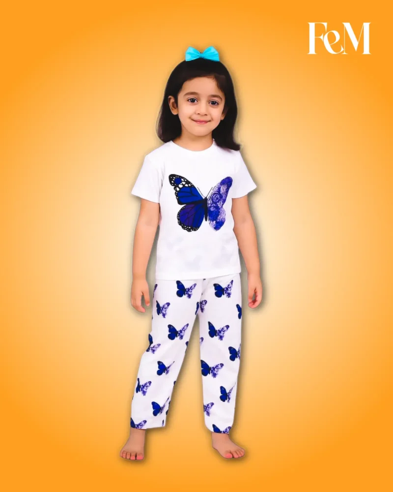 White & Royal Blue Butterfly T-Shirt & All-Over Printed Pants 2-Piece Set Girls White & Royal Blue Butterfly T-Shirt & Printed Pants 2-Piece Set