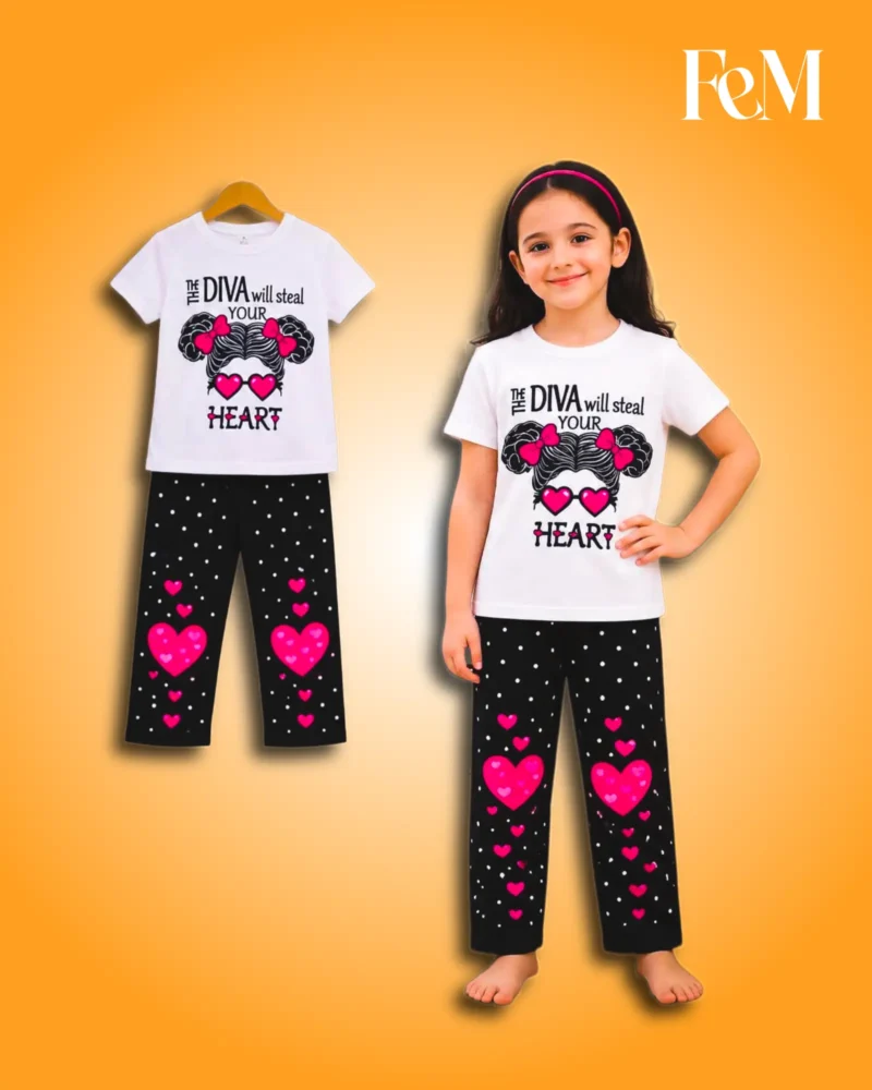 White The Diva Will Steal Your Heart T-Shirt & Pink Heart Black Pants 2-Piece Set Girls White “The Diva” T-Shirt & Pink Heart Black Pants 2-Piece Set