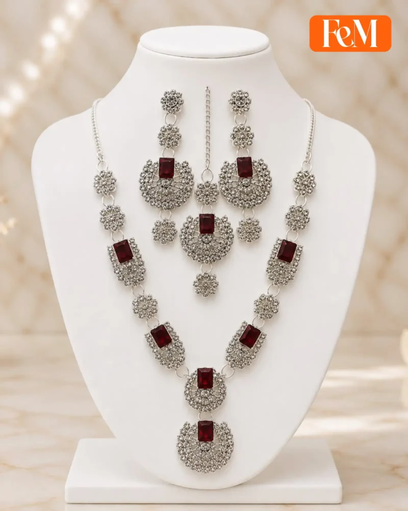 Maroon Stone Silver Necklace & Earring Set