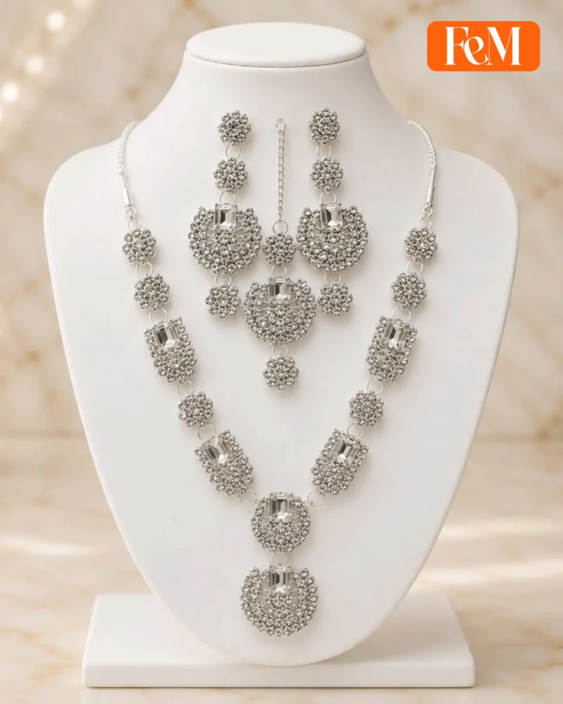 Silver & Maroon Stone Necklace & Earring Set
